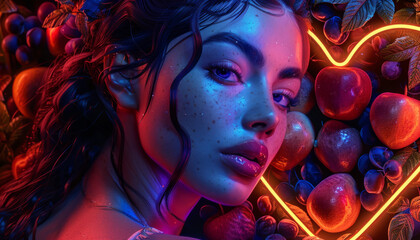Sexy seductive girl with an apple in her hand against the background of a neon heart of passionate love. - obrazy, fototapety, plakaty