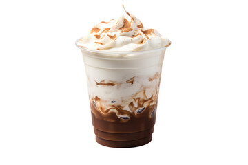 Cup of iced coffee and whipped cream in plastic cup isolated on transparent background