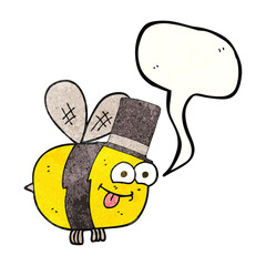 freehand speech bubble textured cartoon bee wearing hat