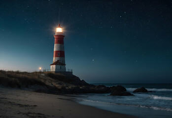 The lighthouse near the beach at night