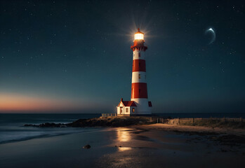 The lighthouse near the beach at night