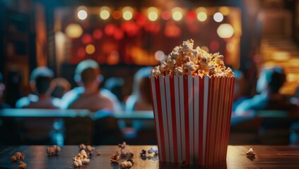Movie Night with Popcorn and Red Cinema Glow - obrazy, fototapety, plakaty