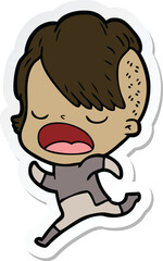 sticker of a cartoon cool hipster girl talking