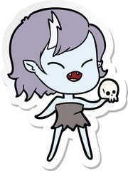 sticker of a cartoon laughing vampire girl with skull