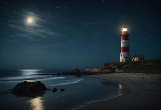 The lighthouse near the beach at night