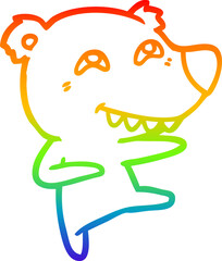 rainbow gradient line drawing of a cartoon bear showing teeth while dancing