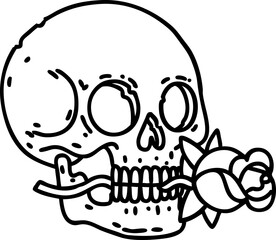 tattoo in black line style of a skull and rose