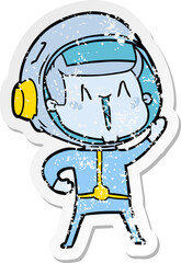 distressed sticker of a happy cartoon astronaut