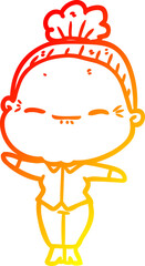 warm gradient line drawing of a cartoon peaceful old woman