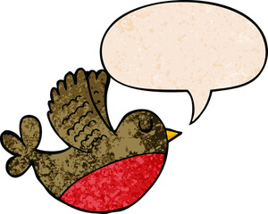 cartoon flying bird with speech bubble in retro texture style
