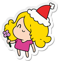hand drawn christmas sticker cartoon of kawaii girl