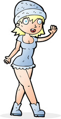 cartoon pretty girl in hat waving