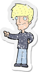 retro distressed sticker of a cartoon man pointing