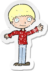 retro distressed sticker of a cartoon happy waving boy