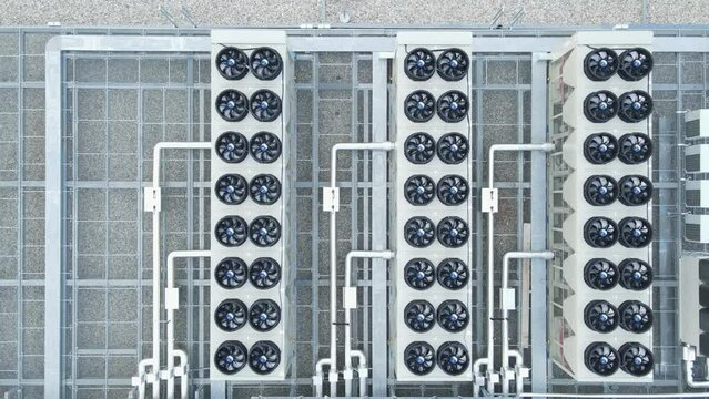 Aerial top down of ventilators on digital data storage center facility