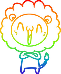 rainbow gradient line drawing of a happy cartoon lion