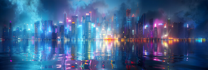 Smart city Futuristic technology internet and big data connection concept background banner A blurred city scene at night with double expoure.
