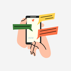 Hand hold smartphone. Online communication, letter mail, social media. Chatting application. Device screen. Typing text message. Mobile conversation. Gadget cartoon flat isolated vector illustration