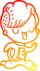 warm gradient line drawing of a cartoon astronaut girl with hipster hair
