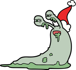gross hand drawn line drawing of a slug wearing santa hat