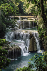 Obraz premium serene waterfall flows amidst lush greenery, cascading into a tranquil pool, embodying nature's untouched beauty and peaceful ambiance