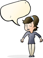 cartoon friendly woman shrugging shoulders with speech bubble