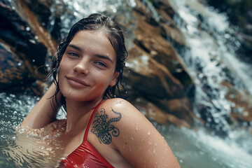 Obraz premium woman in a red bikini is smiling and posing in front of a waterfall. Concept of relaxation and enjoyment of the natural surroundings