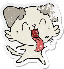 distressed sticker of a cartoon panting dog