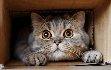 British shorthair cat peeks out from cardboard box. Young kitty sitting into corrugated box and looking to the camera.