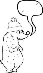 freehand drawn speech bubble cartoon bear wearing christmas hat