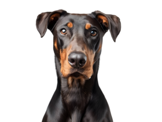 Dog doberman sitting in front of camera isolated on transparent background