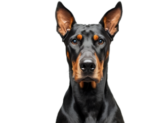 Dog doberman sitting in front of camera isolated on transparent background