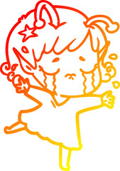 warm gradient line drawing of a cartoon crying alien girl