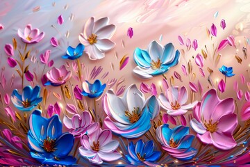 Flowering field painted with oil paints. Oil painting of splendid wildflowers bathed in the warm glow of a sunrise, alive with vivid colors and artistic vibrance - obrazy, fototapety, plakaty