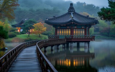 Misty Morning at Traditional Korean Pavilion