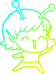 cold gradient line drawing of a cartoon alien girl laughing