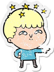 distressed sticker of a cartoon amazed boy