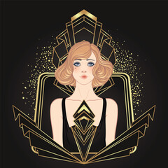 Art Deco vintage invitation template design with illustration of flapper girl over patterns and frames. Retro party background set in1920s style. Vector for glamour event, thematic wedding or jazz - 775865507