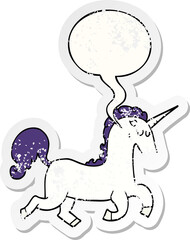 cartoon unicorn with speech bubble distressed distressed old sticker