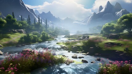 Panoramic view of a mountain river in a valley with flowers