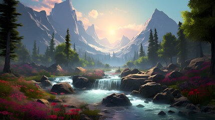 Beautiful panoramic landscape with a mountain river in the summer