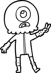 cartoon cyclops alien spaceman giving peace sign