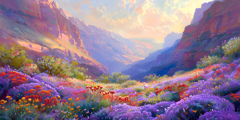 Painting of a mountain landscape with a valley and flowers