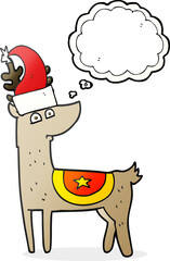 freehand drawn thought bubble cartoon reindeer wearing christmas hat
