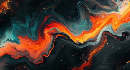 Vibrant Swirls of Orange, Blue, and Black Dancing on a Dark Canvas Abstract Painting Masterpiece - obrazy, fototapety, plakaty