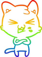 rainbow gradient line drawing of a cartoon cat hissing