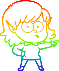 rainbow gradient line drawing of a cartoon elf girl staring and pointing