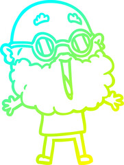 cold gradient line drawing of a cartoon joyful man with beard