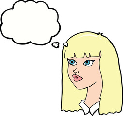cartoon pretty girl with long hair with thought bubble