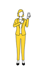 Simple line drawing illustration of a businesswoman in a suit recommending cashless online payments on a smartphone.